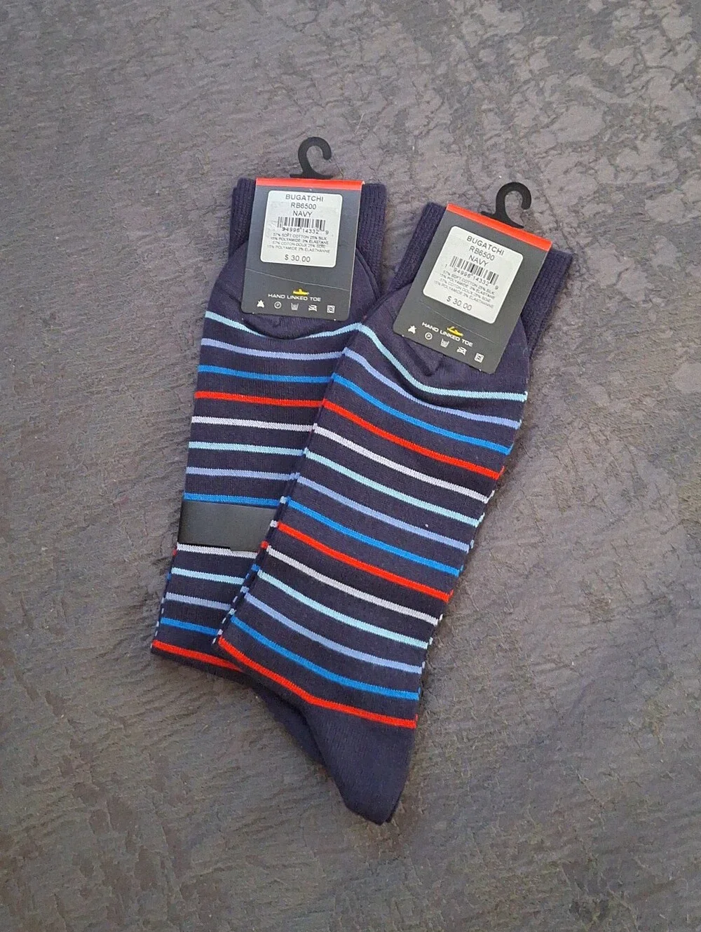 Bugatchi Navy Striped Silk-Blend Dress Socks with Blue and Red Accents
